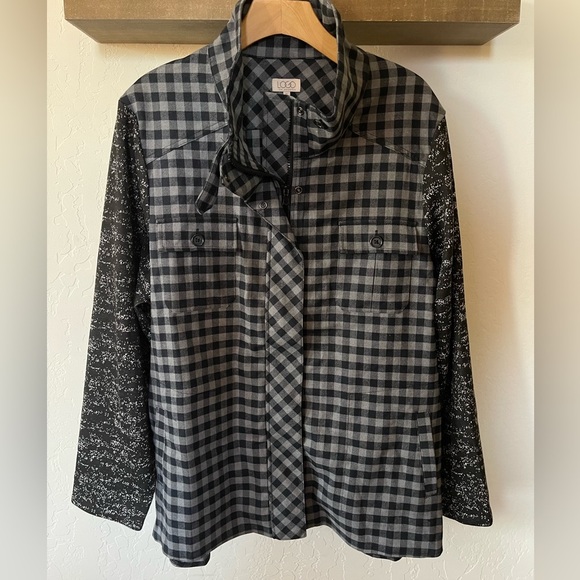 LOGO Lori Goldstein| Gray Plaid Jacket with Contrast Sleeves, Size XL•••Shaket - Picture 8 of 15